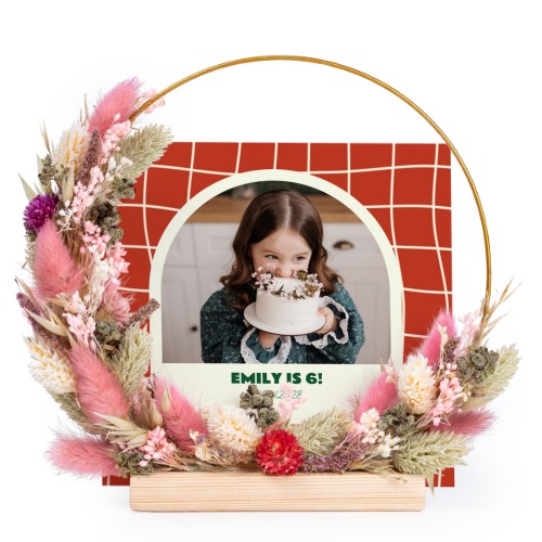 Tørret blomsterkrans lyserød/lilla med 1 fotokort