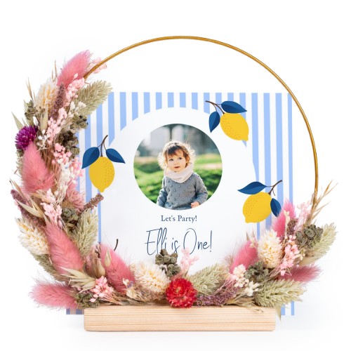 Tørret blomsterkrans lyserød/lilla med 1 fotokort