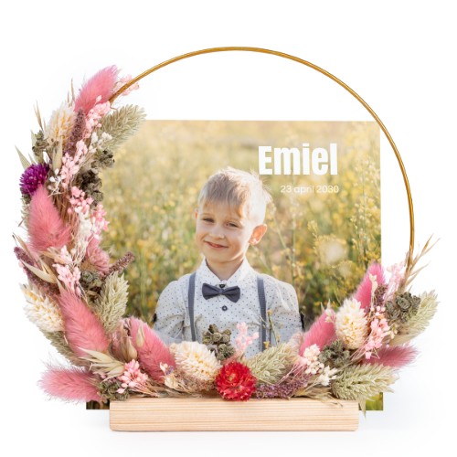 Krans av tørkede blomster rosa/lilla med 1 fotokort