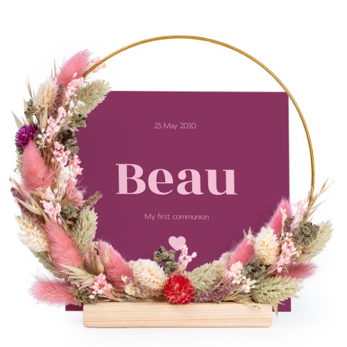 Couronne de fleurs sechées rose-violet avec 1 carte