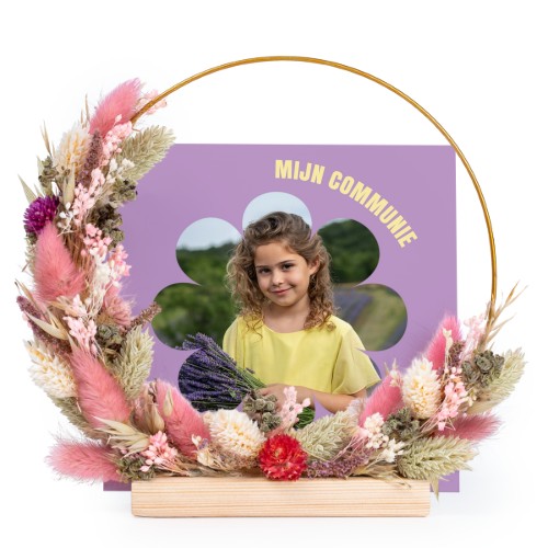 Kaartenhouder met roze-paarse droogbloemen en 1 fotokaart