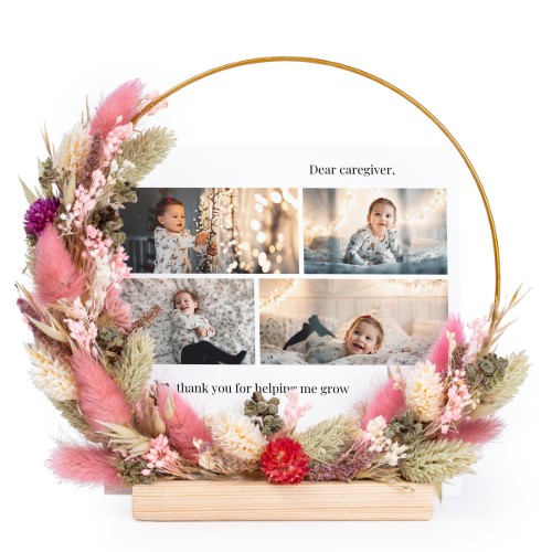 Kaartenhouder met roze-paarse droogbloemen en 1 fotokaart Kaartenhouder met roze-paarse droogbloemen en 1 fotokaart