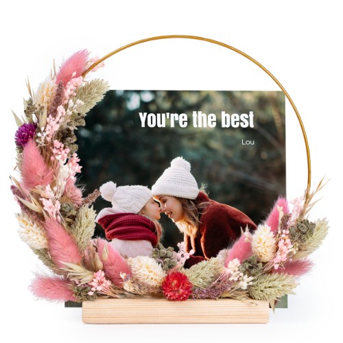 Tørret blomsterkrans lyserød/lilla med 1 fotokort