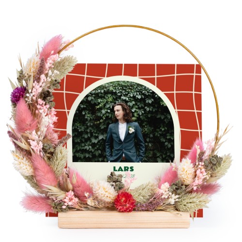 Couronne de fleurs sechées rose-violet avec 1 carte