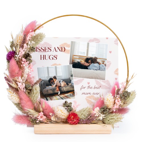 Krans av tørkede blomster rosa/lilla med 1 fotokort