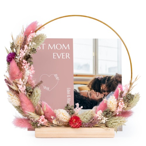 Kaartenhouder met roze-paarse droogbloemen en 1 fotokaart