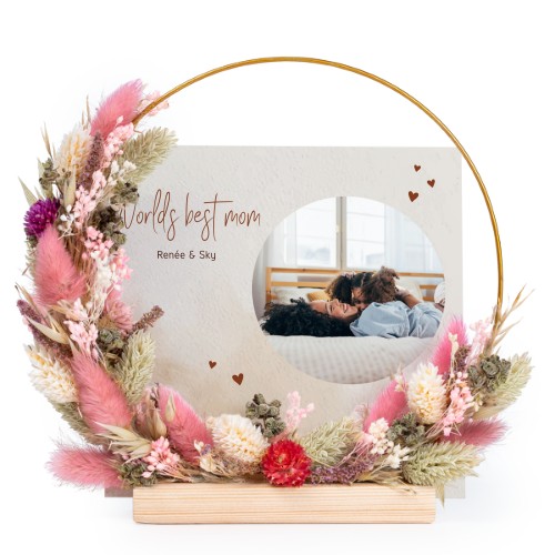 Krans met gedroogde bloemen roze/paars en 1 fotokaart