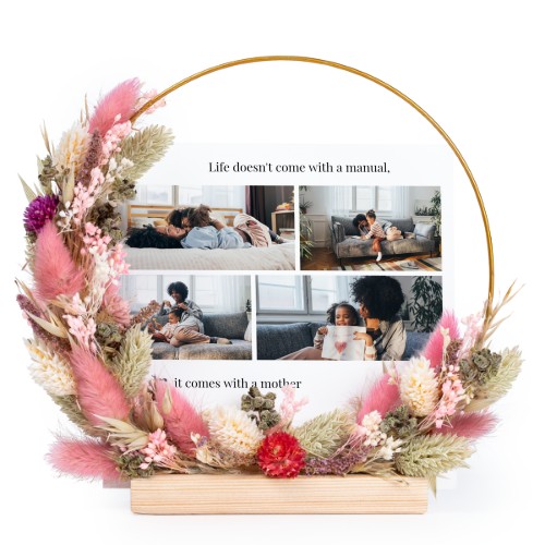 Krans met gedroogde bloemen roze/paars en 1 fotokaart