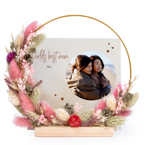 Krans av tørkede blomster rosa/lilla med 1 fotokort