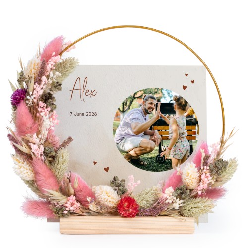 Tørret blomsterkrans lyserød/lilla med 1 fotokort