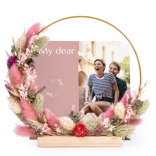 Couronne de fleurs sechées rose-violet avec 1 carte