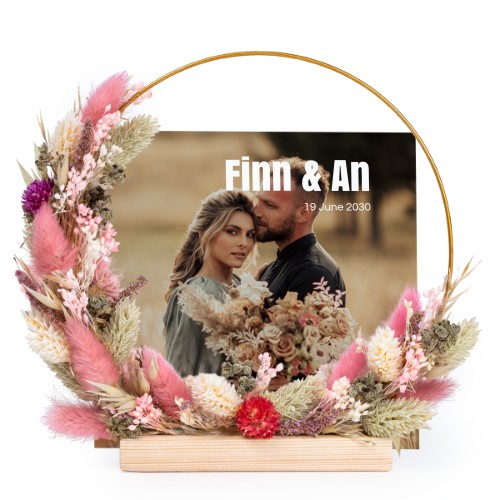 Tørret blomsterkrans lyserød/lilla med 1 fotokort