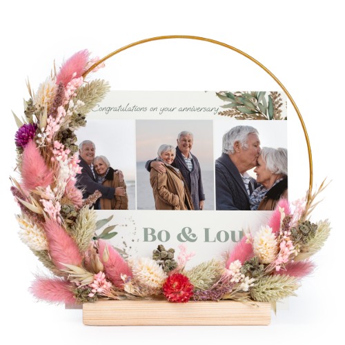 Krans av tørkede blomster rosa/lilla med 1 fotokort