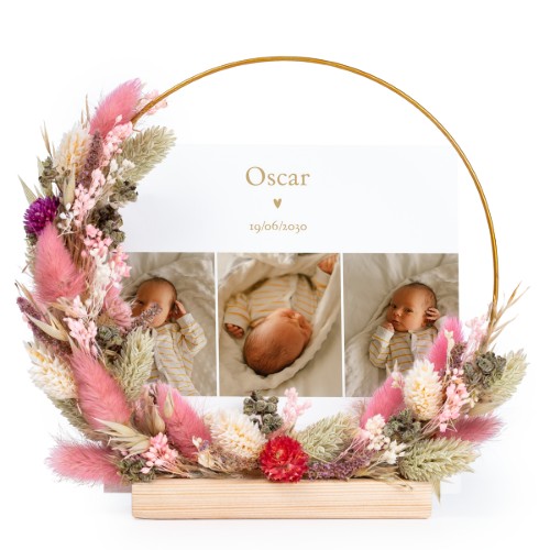 Krans av tørkede blomster rosa/lilla med 13 fotokort