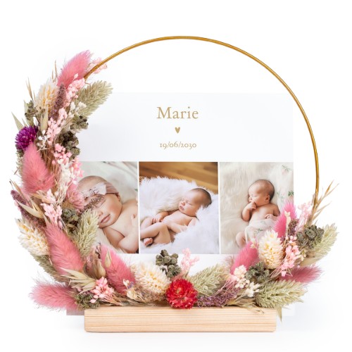 Krans av tørkede blomster rosa/lilla med 13 fotokort