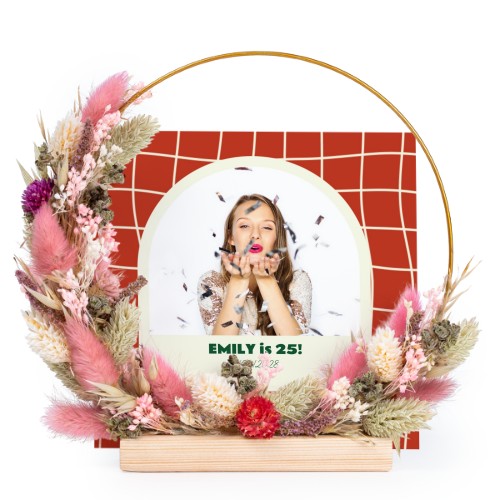 Tørret blomsterkrans lyserød/lilla med 13 fotokort