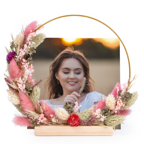 Krans av tørkede blomster rosa/lilla med 13 fotokort Krans av tørkede blomster rosa/lilla med 13 fotokort