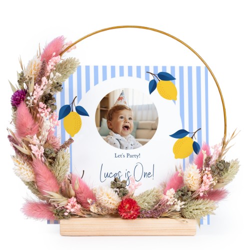 Tørret blomsterkrans lyserød/lilla med 13 fotokort