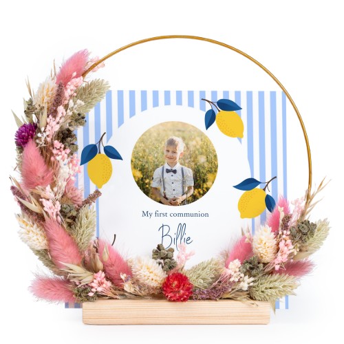 Krans med torkade blommor rosa/lila med 13 fotokort