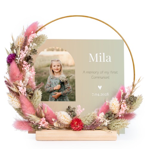 Krans av tørkede blomster rosa/lilla med 13 fotokort