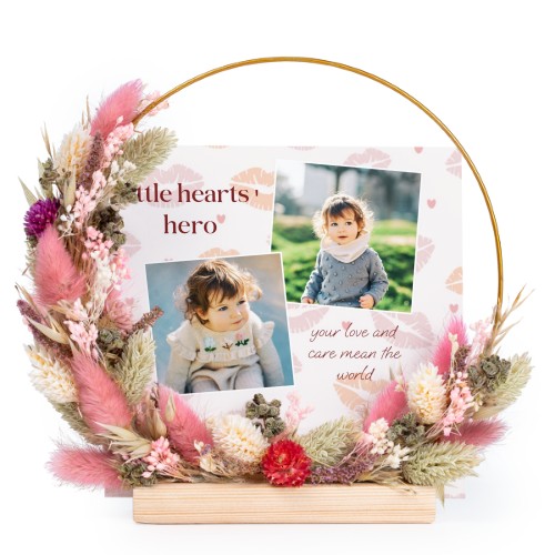 Krans av tørkede blomster rosa/lilla med 13 fotokort