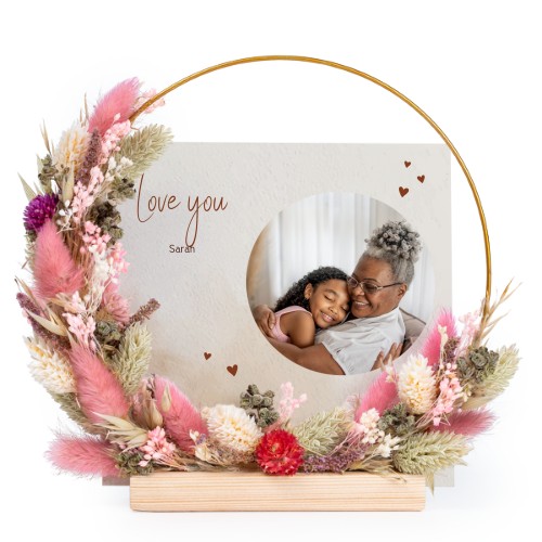 Krans met gedroogde bloemen roze/paars en 13 fotokaarten