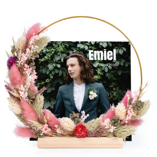 Krans med torkade blommor rosa/lila med 13 fotokort