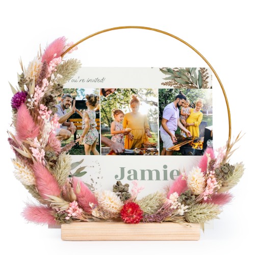 Krans av tørkede blomster rosa/lilla med 13 fotokort