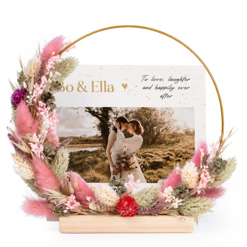 Krans av tørkede blomster rosa/lilla med 13 fotokort