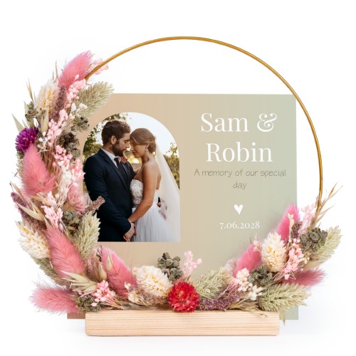 Tørret blomsterkrans lyserød/lilla med 13 fotokort