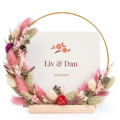 Couronne de fleurs sechées rose-violet avec 13 cartes