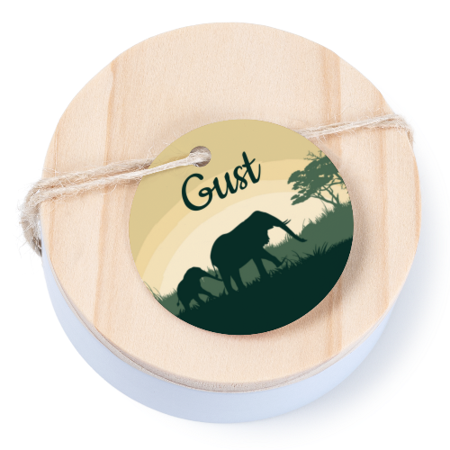 Geschenkdose mit graviertem Holzdeckel und runden Stickern- 12 Stk.