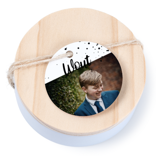 Geschenkdose mit graviertem Holzdeckel und runden Stickern- 12 Stk.