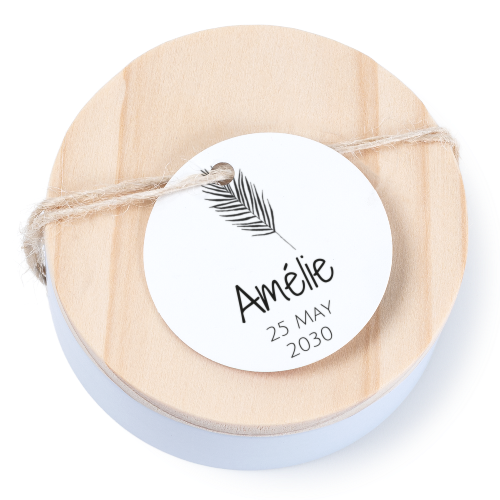 Tin box wooden lid round label - set of 12 Tin box wooden lid round label - set of 12