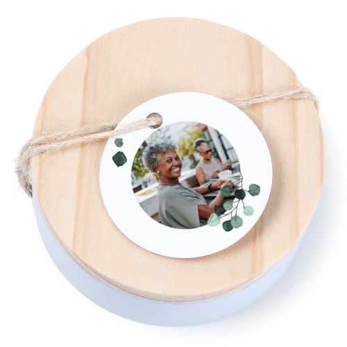 Geschenkdose mit graviertem Holzdeckel und runden Stickern- 12 Stk. Geschenkdose mit graviertem Holzdeckel und runden Stickern- 12 Stk.