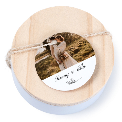 Geschenkdose mit graviertem Holzdeckel und runden Stickern- 12 Stk. Geschenkdose mit graviertem Holzdeckel und runden Stickern- 12 Stk.