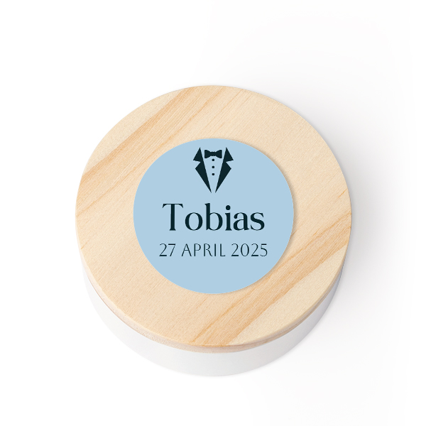 Metaldåse med trælåg med klistermærke - 12 stk