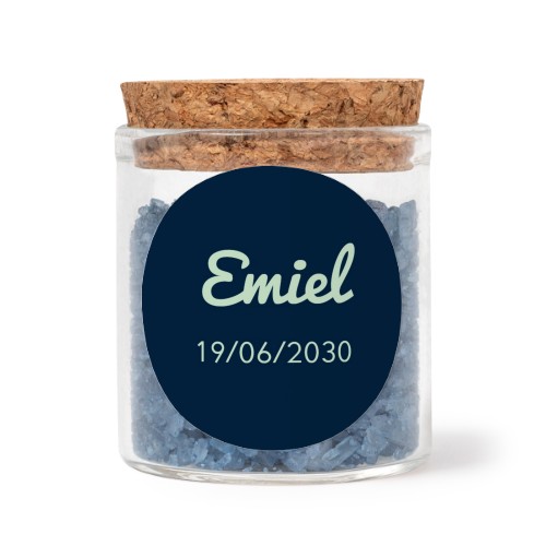 Glass jars with round stickers and blue bath salt - set of 12