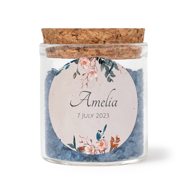 Glasskrukker med runde klistremerker og blått badesalt - 12 stk