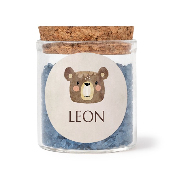 Glasskrukker med runde klistremerker og blått badesalt - 12 stk Glasskrukker med runde klistremerker og blått badesalt - 12 stk