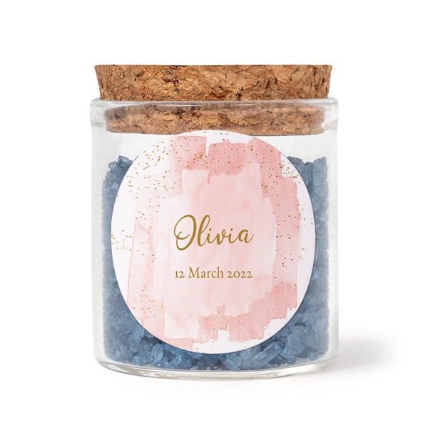 Glass jars with round stickers and blue bath salt - set of 12