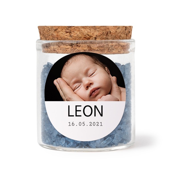 Glass jars with round stickers and blue bath salt - set of 12
