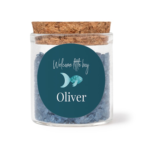 Glazen potjes met ronde stickers en blauw badzout (set van 12)