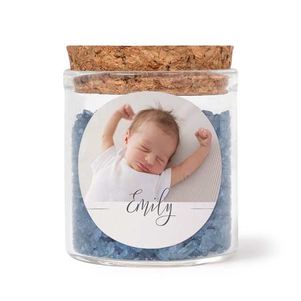 Glazen potjes met ronde stickers en blauw badzout (set van 12)