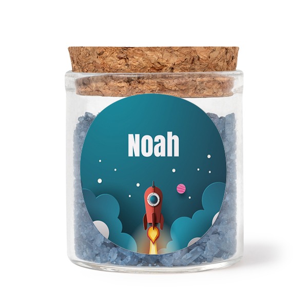 Glass jars with round stickers and blue bath salt - set of 12