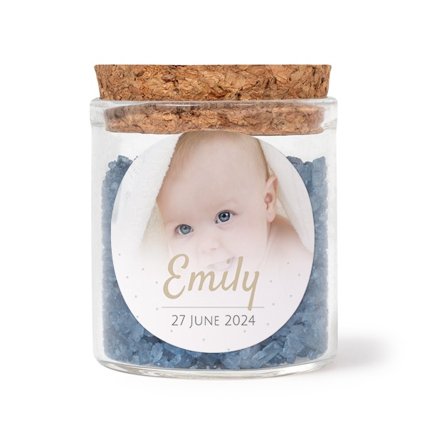 Glasskrukker med runde klistremerker og blått badesalt - 12 stk Glasskrukker med runde klistremerker og blått badesalt - 12 stk