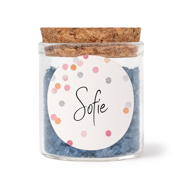 Glass jars with round stickers and blue bath salt - set of 12