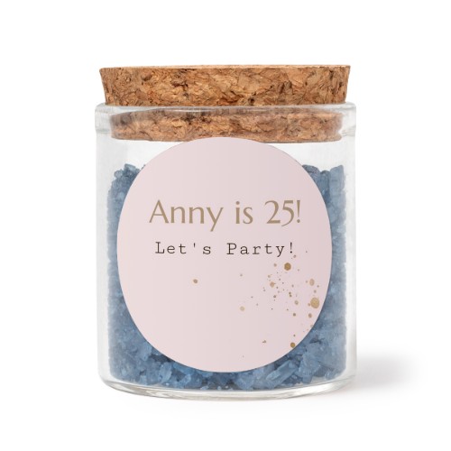 Glass jars with round stickers and blue bath salt - set of 12