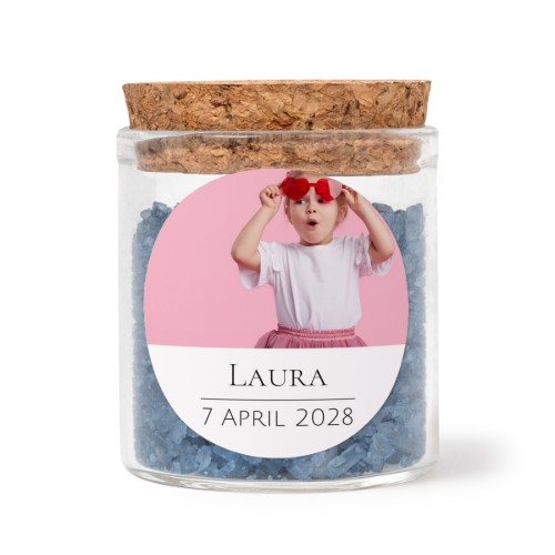 Glass jars with round stickers and blue bath salt - set of 12