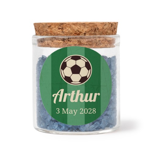 Glass jars with round stickers and blue bath salt - set of 12